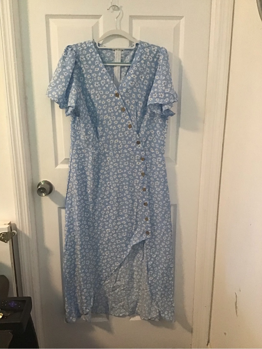 Light Blue Floral Wrap Maxi Dress with Button Front